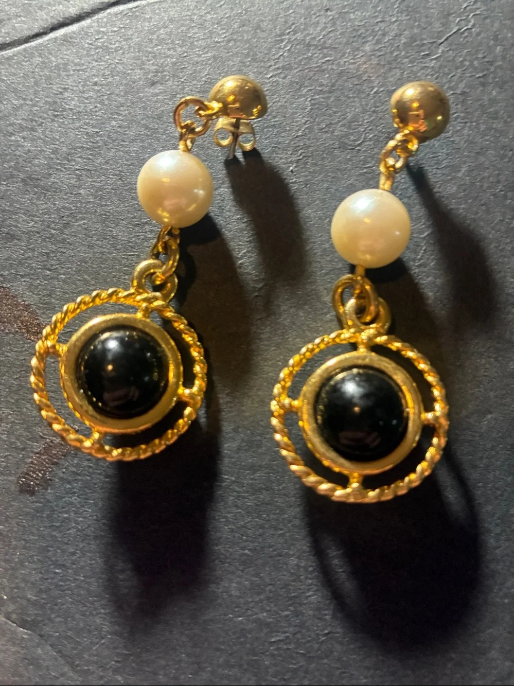 Vintage Gold-Tone Pearl Drop Earrings with Black Cabochon
